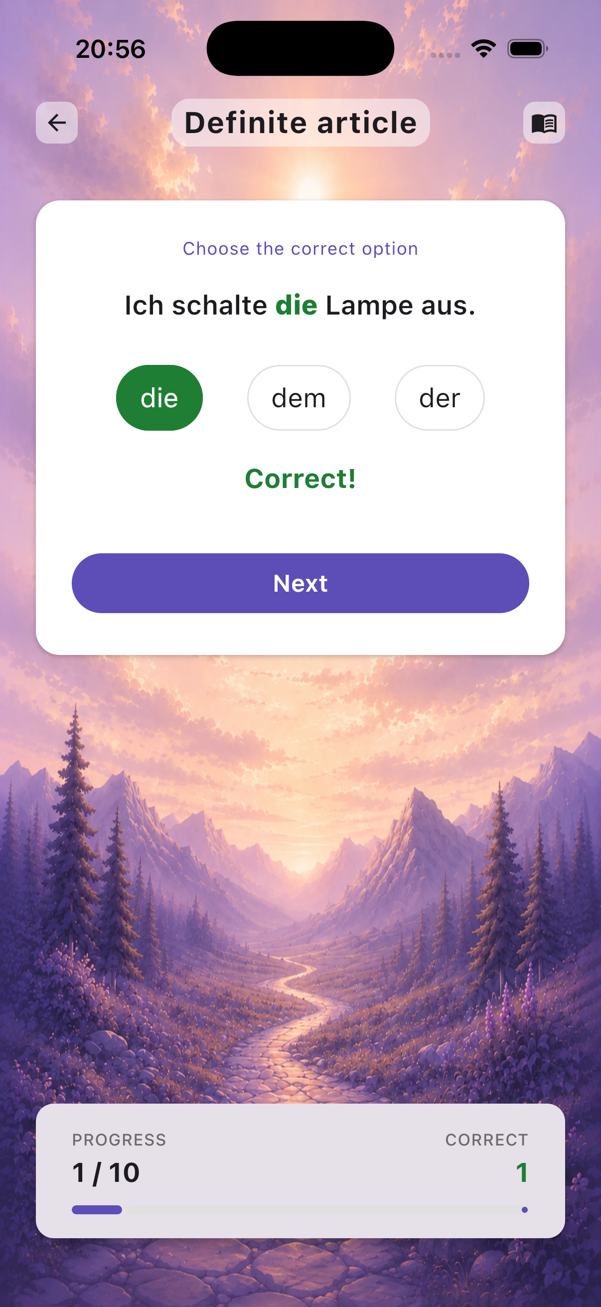Articles quiz screen