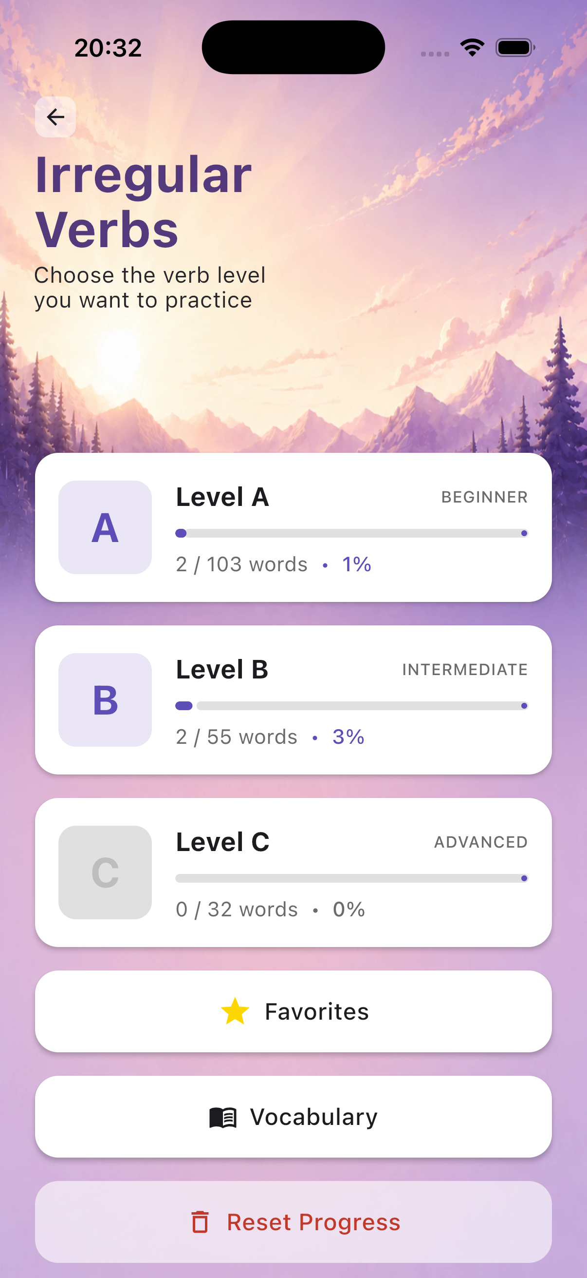 Irregular Verbs chapter screen showing level selection
